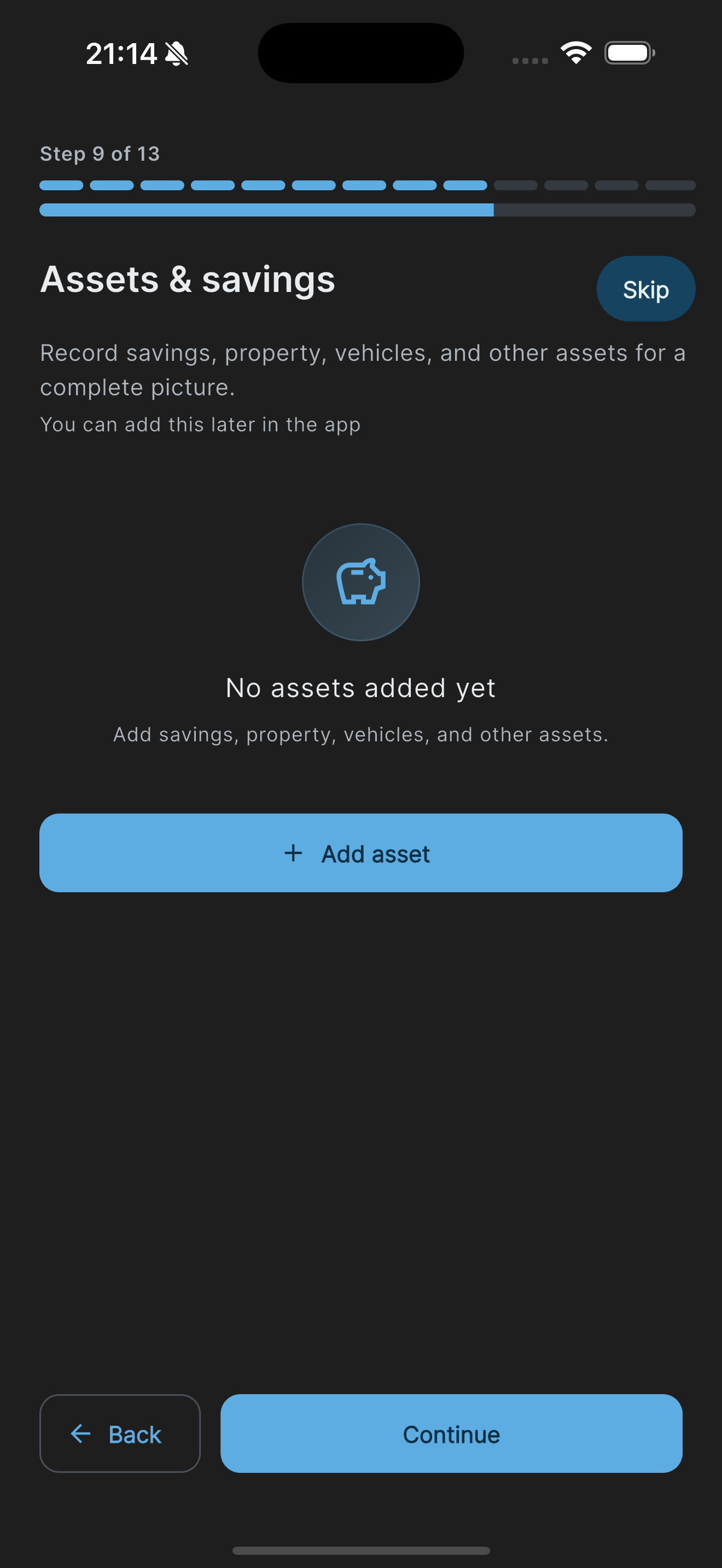 Onboarding assets step