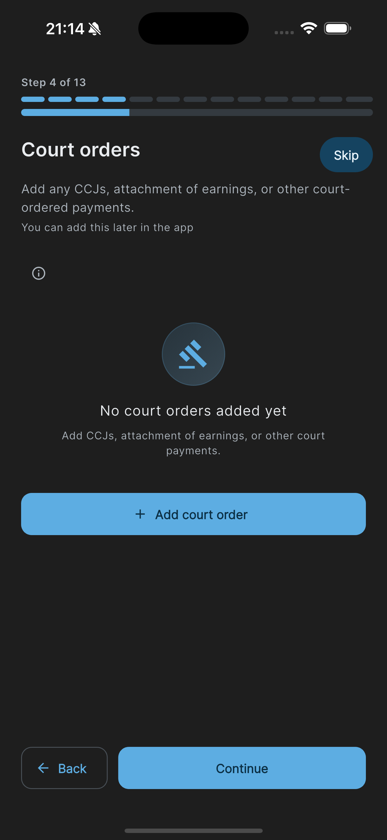 Onboarding court orders step