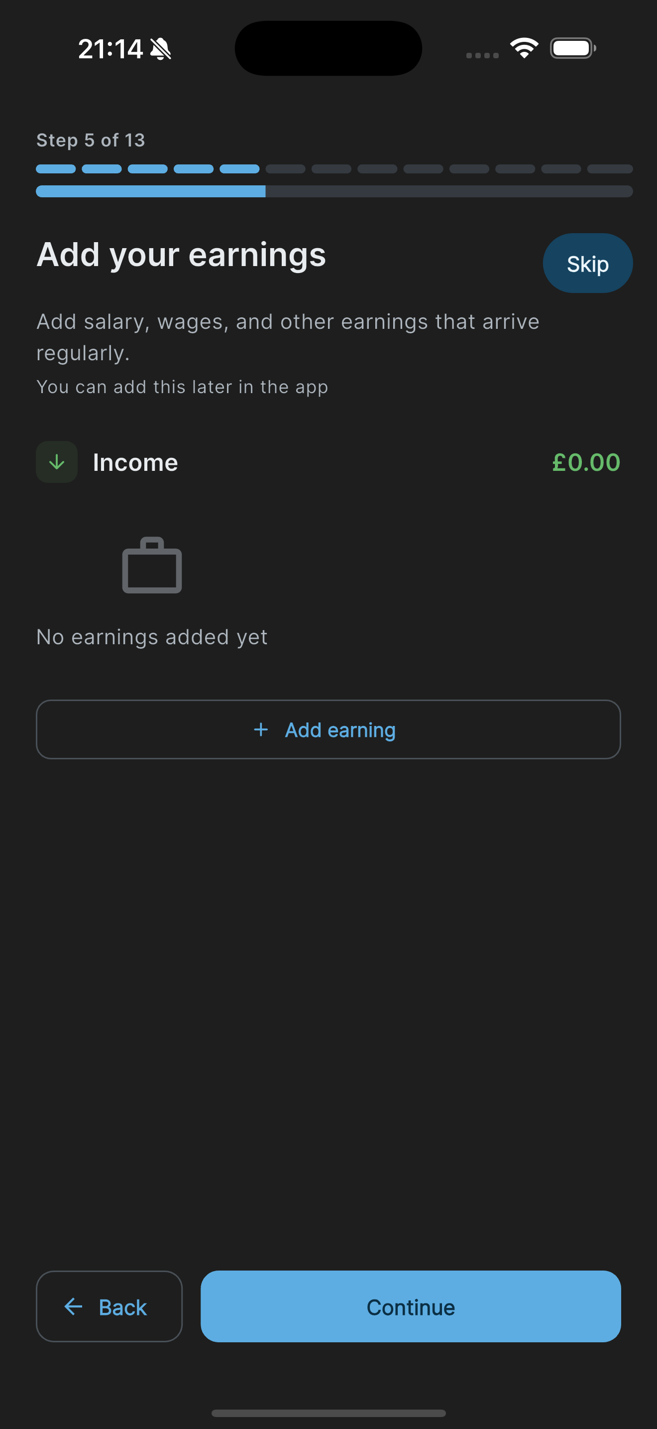 Onboarding earnings step