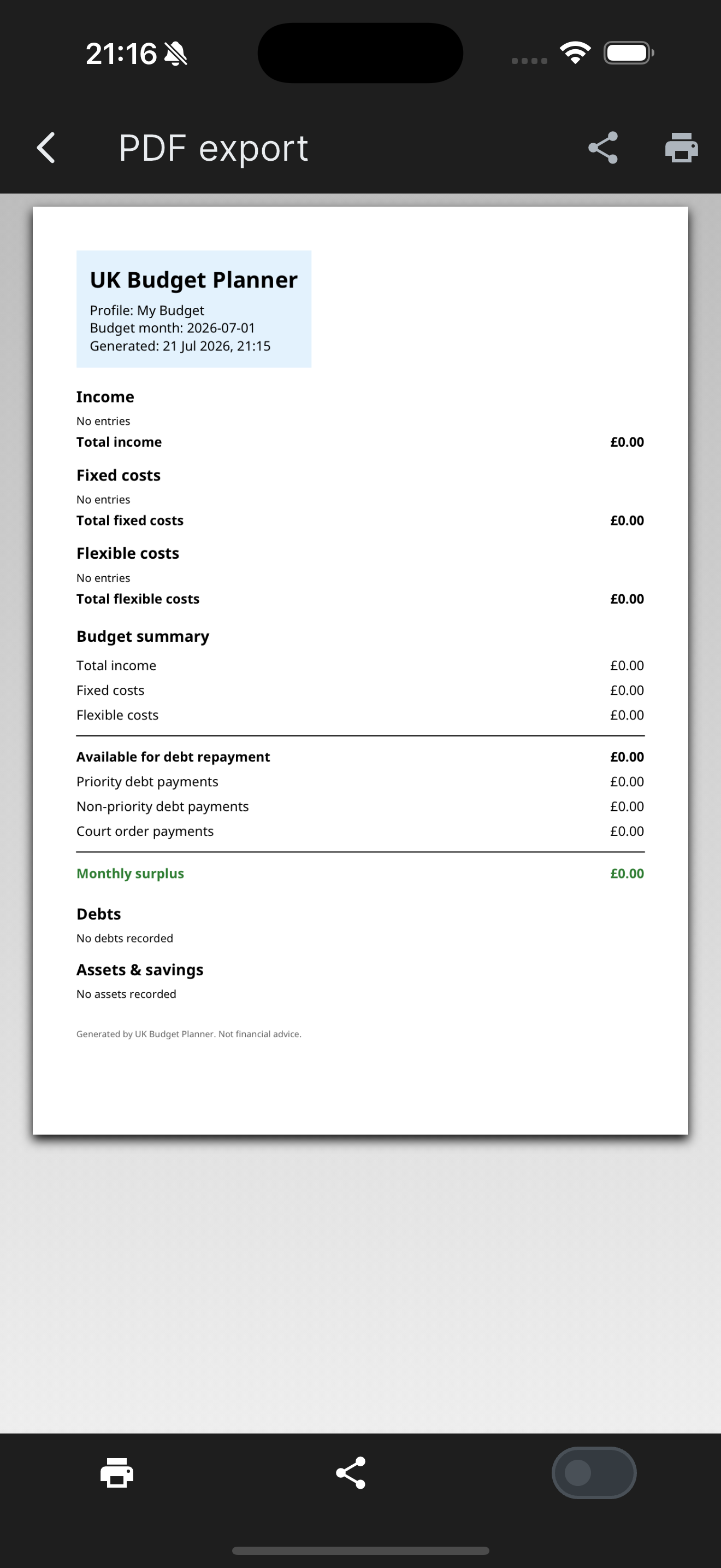 UK Budget Planner PDF export preview