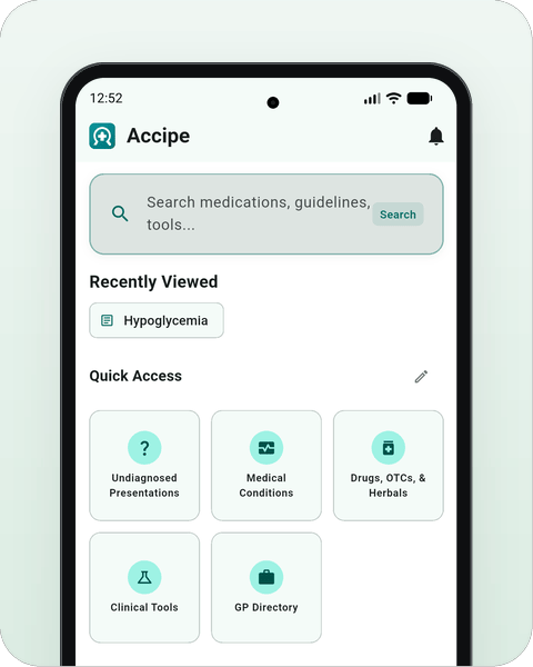 GP Accipe app on iPhone showing clinical guidance home screen