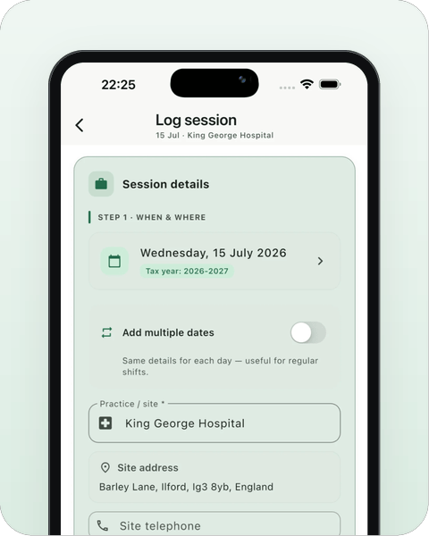 LocumBook app on iPhone showing session logging